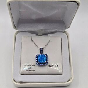 New Simulated Opal Cubic Zirconia Pendant Necklace Sterling Silver Chain